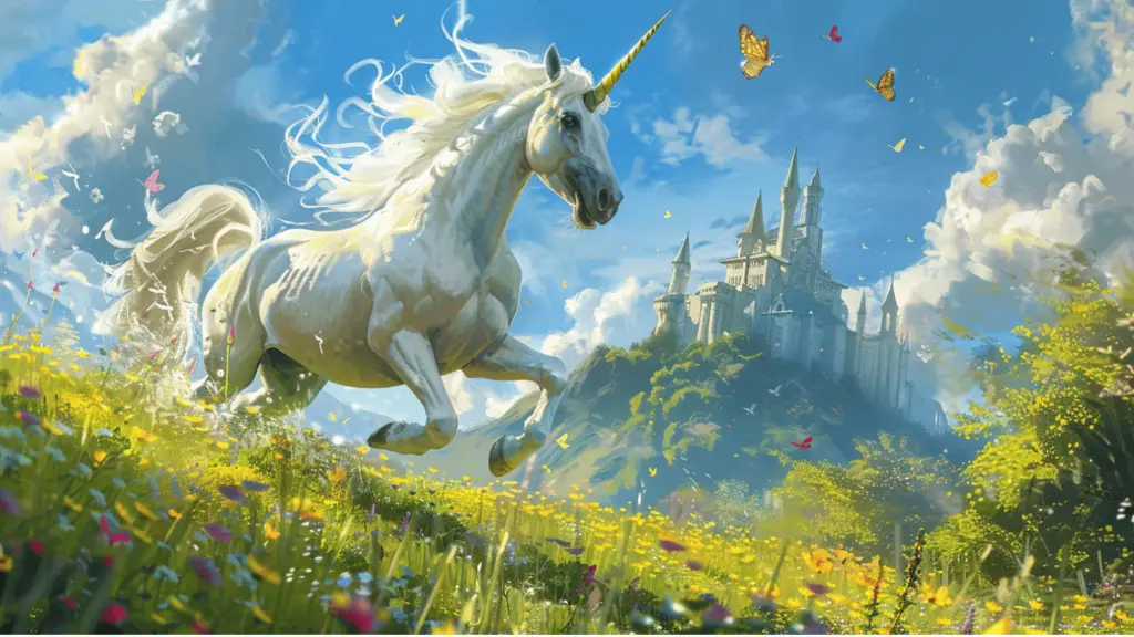 Unicorn running across a meadow